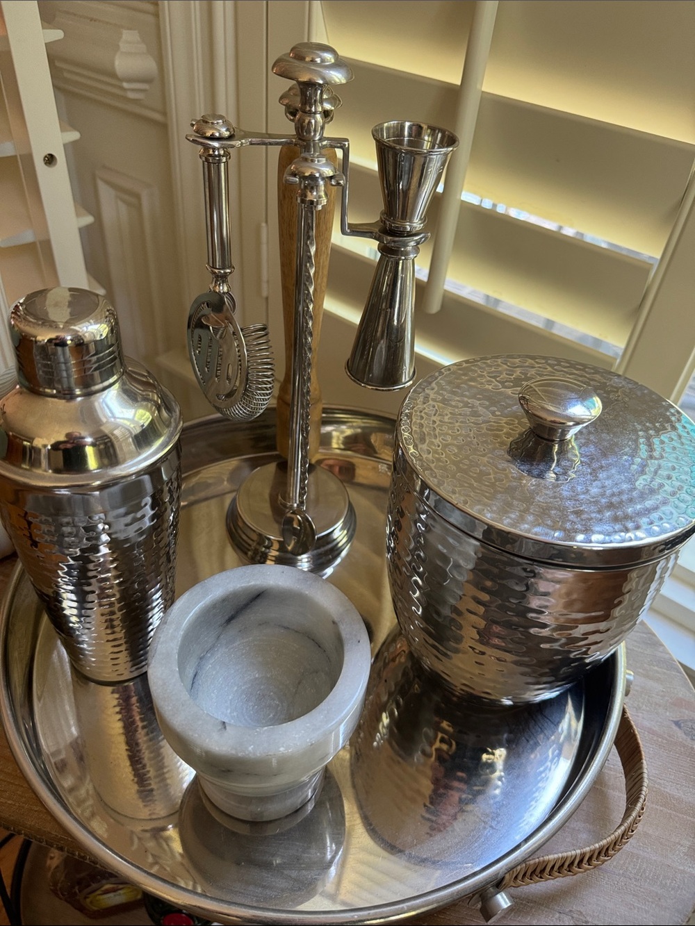 Pottery Barn Hammered Silver Barware Set with Marble Muddler